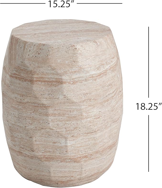 Christopher Knight Home Jaym 18.25" H Indoor Outdoor Accent Side Table, Patio Decorative End Table, Polygon Lightweight Concrete Garden Stool for Patio Balcony & Garden Decor, Travertine