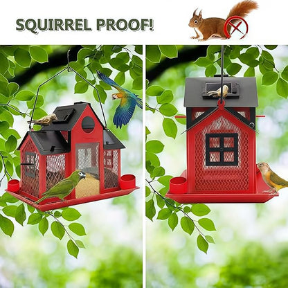 Solar Bird Feeders House for Outside Hanging, Metal Wild Bird Feeder for Outdoors Large Capacity Cardinal Birdfeeder Birdhouses Metal Bird Feeding Station Red