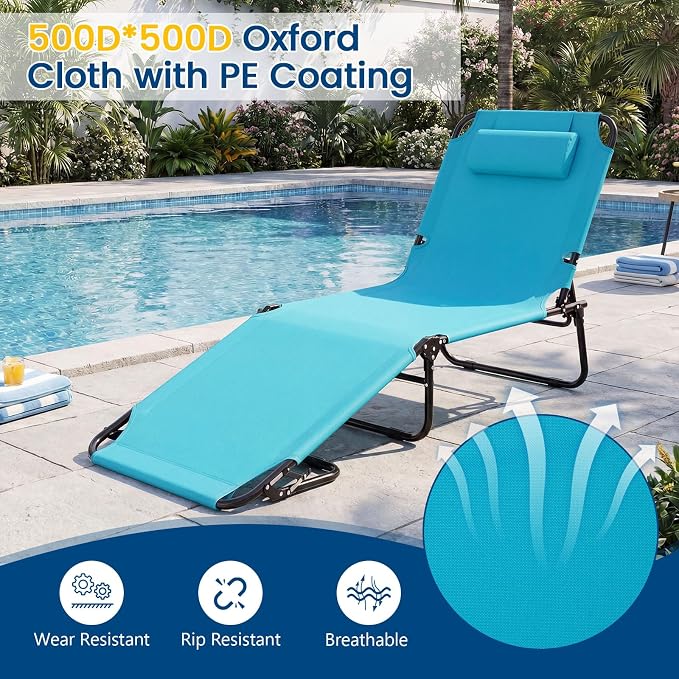 Giantex Folding Beach Tanning Chair - Adjustable Patio Lounge Chair w/Face Hole, Removable Pillows, Carry Strap, Layout Chair, Sunbathing Chaise Lounge Outdoor for Poolside Yard Lawn (2, Turquoise)