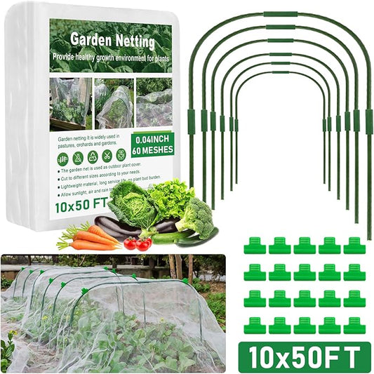 GonLei 10x 50FT Garden Mesh Netting Kit Raised Beds (6 Pcs Garden Hoops & 18 Clips) Garden Hoops Plant Netting Protection Row Covers Berry Bush Truit Trees Vegetables Grass Seed Barrier Net