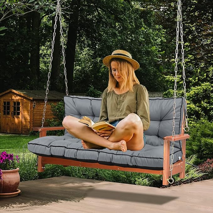Swing Replacement Cushions with Backrest, 2 or 3 Seater Waterproof Non-Slip Overstuffed Swing Pad, Indoor/Outdoor Bench Cushion for Porch Chair Swing Garden Furniture (Light grey, 40 * 55 in)