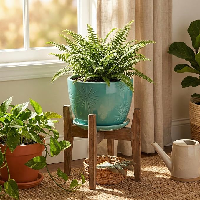 MyGift 7 Inch Round Turquoise Ceramic Plant Pot with Drainage Hole and Attached Saucer, Modern Decorative Embossed Sunburst Planter Container for Indoor Home Garden