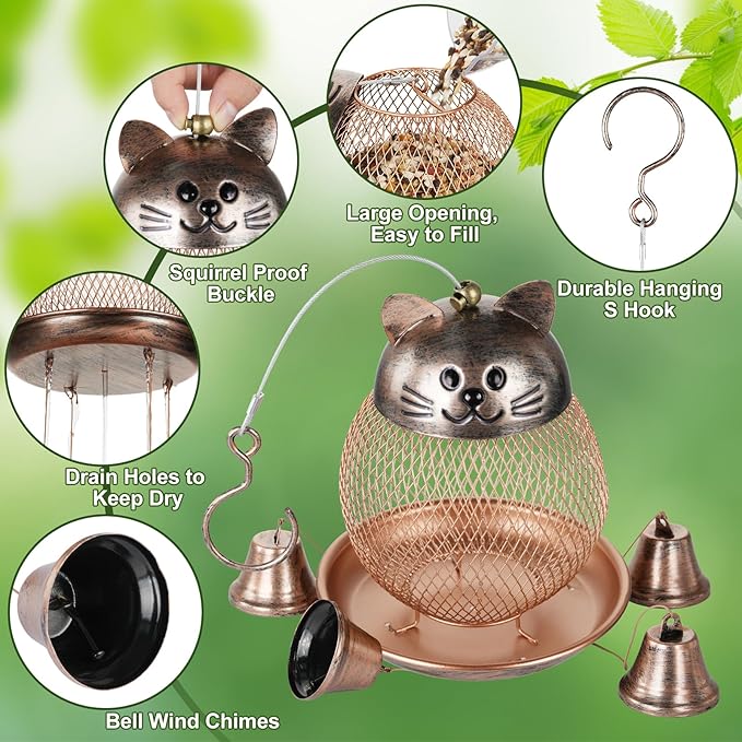 LBTING Bird Feeder for Outside, Cute Cat-Shaped Wind Chimes Bird Feeder, Metal Wild Bird Feeder Decoration for Hanging Outdoor Garden Yard
