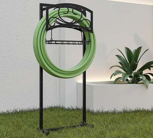 Kingson Freestanding Garden Hose Holder with Storage Basket - Heavy-Duty Black Powder-Coated Steel, Holds 150FT Hose, Detachable & Portable Design with Assembly Tools, Ideal for Outdoor Use