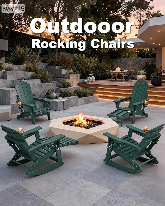 Adirondack Rocking Chairs Set of 6 with Retractable Ottoman, All Weather Folding Adirondack Chair with Two Cup Holders, Adirondack Outdoor Rocking Chairs for Porch, Patio, Balcony. Dark Green