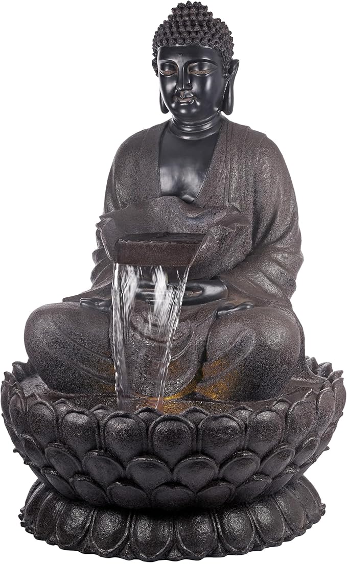 Alpine Corporation WIN1170 53" Outdoor Floor Calming Buddha Statue Waterfall Fountain – Realistic Stone Look, Water Feature for Garden, Patio, Yard, and Outdoor Spaces, Gray