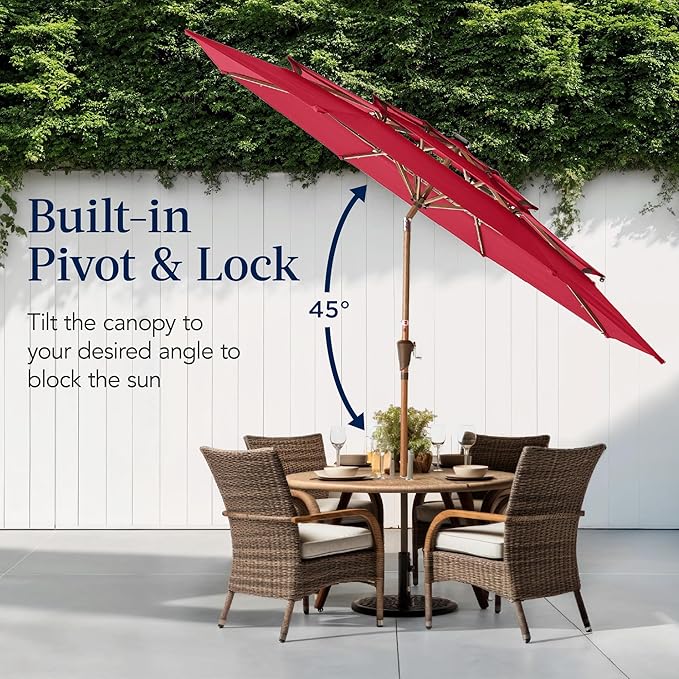 Best Choice Products 10ft 3-Tier Solar Patio Market Umbrella, Outdoor Sun Shade for Backyard, Deck, Poolside, Table w/Woodgrain Pattern, LED Lights, Tilt Adjustment - Red