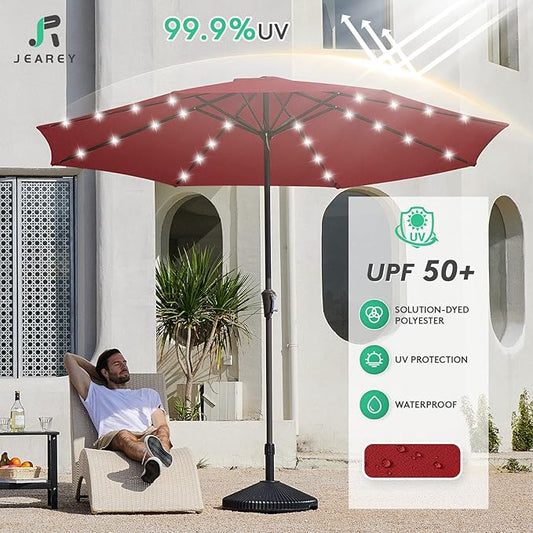 JEAREY Upgrade 11FT LED Lighted Patio Umbrella, Solar Outdoor Umbrella, Table Umbrella for Pool, Deck & Yard (Red)