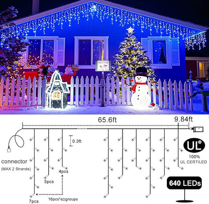 Icicle Christmas Lights Outdoor, 66 FT 640 LED Icicle Lights for Outside 8 Modes with 120 Drops, Plug in Waterproof Hanging Christmas Light for Holiday Pavilion Balcony Decorations, Blue