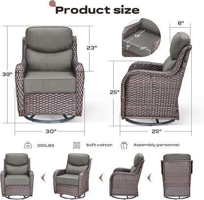 Rilyson Outdoor Patio Swivel Rocker Chairs Set of 2, Waterproof Wicker, High Back, Deep Seating, Wide Armrest, Upgraded 6 inch Thick Cushions, Side Table, Ideal for Deck Porch Yard, Brown-Grey