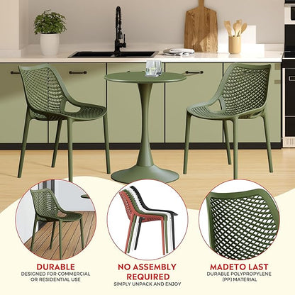 Costaelm Dining Table for 4 with Chair, HDPE Patio Round Dining Table and Stackable Chair, Outdoor Patio Furniture All Weather for Backyard Porch Poolside, Olive Green