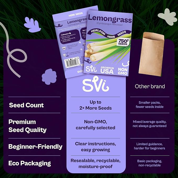 SVI 750 Lemongrass Seeds (Cymbopogon flexuosus) – West Indian Lemon Grass Seed Packets – Non GMO Heirloom Aromatic Culinary Herb Seeds for Containers, Outdoor & Indoor Herb Garden