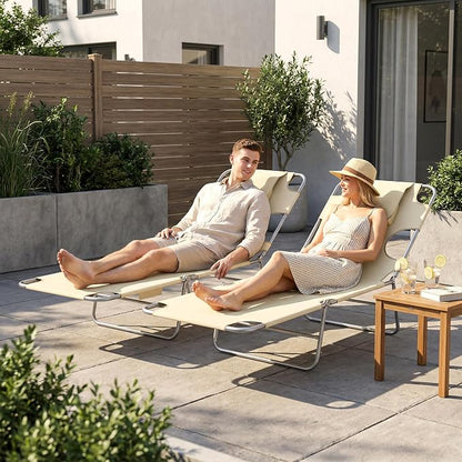 Outsunny Chaise Lounge Chair Outdoor Set of 2 w/Face Arm Hole Beige | 5-Position Reclining, Face Down, Carry Strap, Side Pocket, Portable, Folding Tanning Bed Cot, for Patio Beach Pool