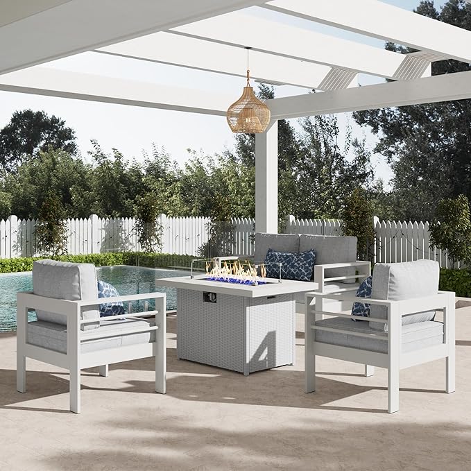 LayinSun Outdoor Aluminum Furniture Set, 4 Pieces Patio Sectional Conversation Chat Sofa Modern Seating Set with Coffee Table