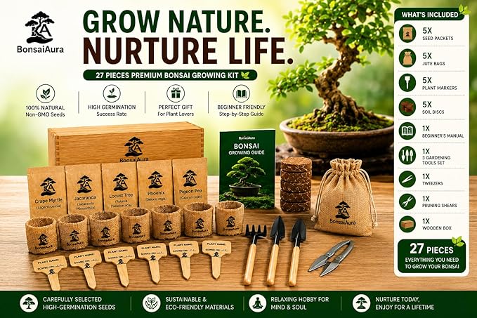 Bonsai Tree Starter Kit for Beginners - 5 Unique Japanese Bonzai Tree Seeds, Complete Indoor DIY Growing Kit, Perfect Gardening Gift for Adults, Men & Women
