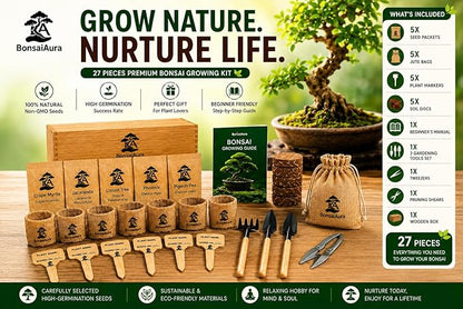 Bonsai Tree Starter Kit for Beginners - 5 Unique Japanese Bonzai Tree Seeds, Complete Indoor DIY Growing Kit, Perfect Gardening Gift for Adults, Men & Women
