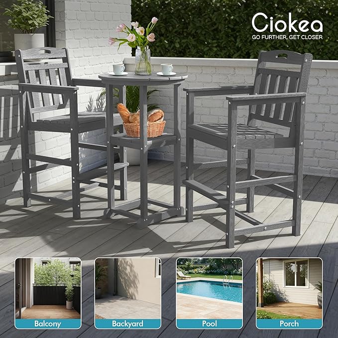 Ciokea Balcony Chairs and Table 3 Pieces Set, Outdoor High Top Bar Set, HDPE Oversized Adirondack Bar Chairs Set of 2 and Round Table for Outside Dining Bistro Poolside Backyard, Grey