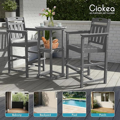 Ciokea Balcony Chairs and Table 3 Pieces Set, Outdoor High Top Bar Set, HDPE Oversized Adirondack Bar Chairs Set of 2 and Round Table for Outside Dining Bistro Poolside Backyard, Grey