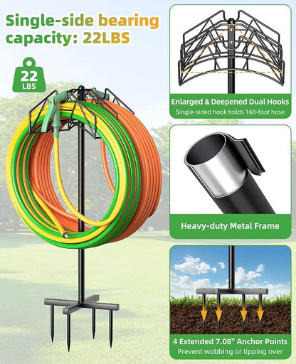 Garden Hose Holder, Double-Sided Water Hose Holder Stand Holds 2×160ft, Heavy Duty Freestanding Hose Storage Rack Hanging with Spikes, Metal Hanger for Outside Garden Yard Lawn Farm Gardening Tools