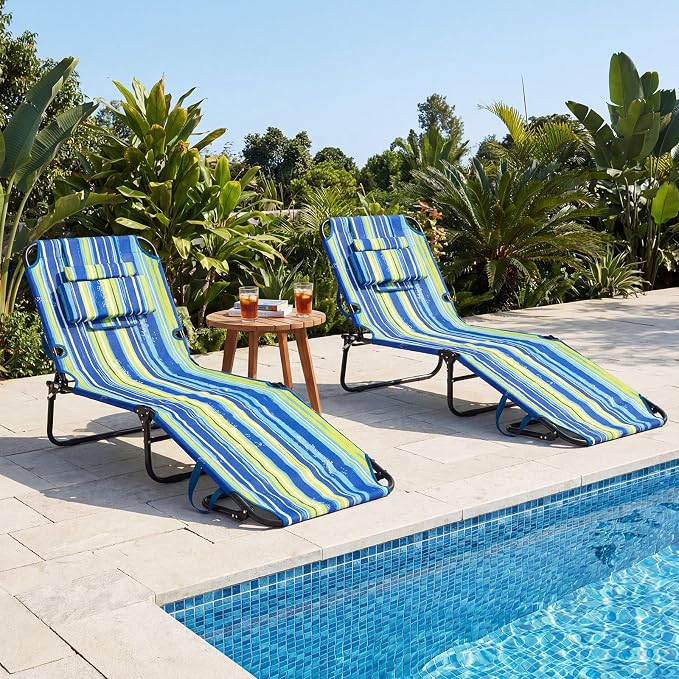 GYMAX Tanning Chair, 330lbs Beach Lounge Chair with Face Hole, Washable Pillow & Carry Strap, Adjustable Folding Chaise Lounge, Layout Chair for Outside, Patio, Poolside, Lawn (1, Stripe)