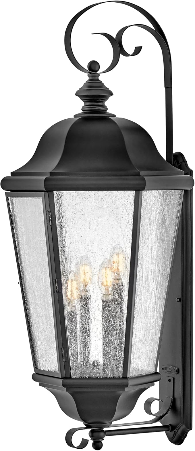 Hinkley Edgewater Outdoor Extra Large Wall Mount Lantern - Clear Seedy Glass, Aluminum - Black Finish