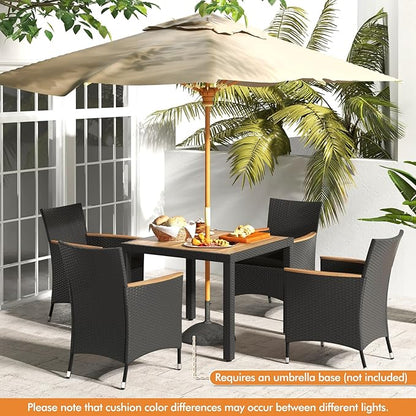 Tangkula 5 Pieces Patio Dining Table Set for 4, Rattan Conversation Set with Umbrella Hole, Seat Cushions & Acacia Wood Tabletop, Outdoor Dining Table with 8 Chairs for Backyard (Black)