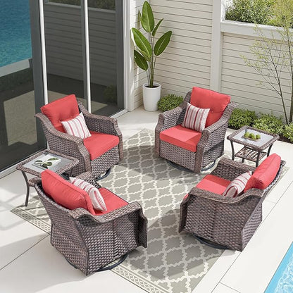Patio Wicker Chairs Swivel Rocker-Outdoor Swivel Rocker Chair Set of 4 with All Weather Wicker Glider Rocker Set, PE Rattan Swivel Rocking Chair with 2 Side Table for Balcony Deck Porch Brown/Red
