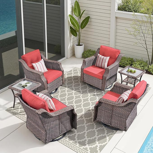 Patio Wicker Chairs Swivel Rocker-Outdoor Swivel Rocker Chair Set of 4 with All Weather Wicker Glider Rocker Set, PE Rattan Swivel Rocking Chair with 2 Side Table for Balcony Deck Porch Brown/Red