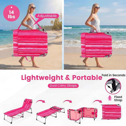 Giantex Tanning Chair, 330Lbs Patio Lounge Chair with 5 Adjustable Position, Face & Arm Hole, Hand/Shoulder Strap, Removable Pillow, Side Pocket, Chaise Lounger for Beach Sunbathing Outdoor