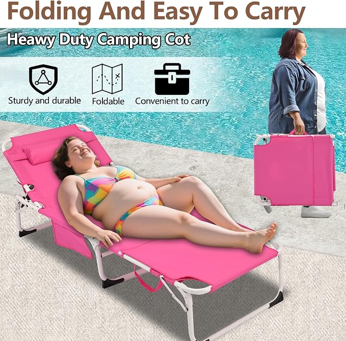 3-in-1 Heavy Duty Tanning Chair with Face Hole Adjustable 5-Position Folding Chaise Lounge Chairs Portable Lay Flat Beach Lounge Chair for Outdoor Sunbathing Patio Pool Lawn Camping Deck (Pink)