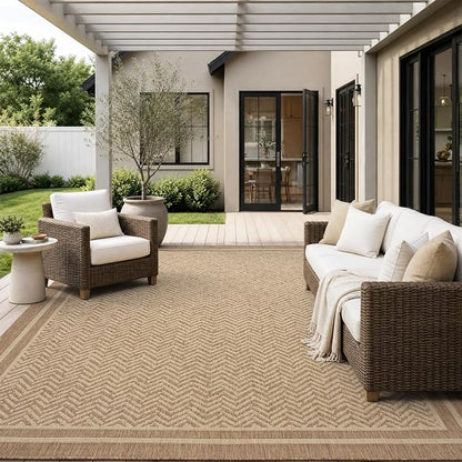MontVoo-Outdoor Rug-Patio Rug 9x12 Polypropylene Indoor Outdoor Rugs Outdoor Carpet for Patio Deck Balcony Porch, Textured Weave, Durable for High Traffic, Fade-Resistant, Boho Farmhouse Neutral Brown