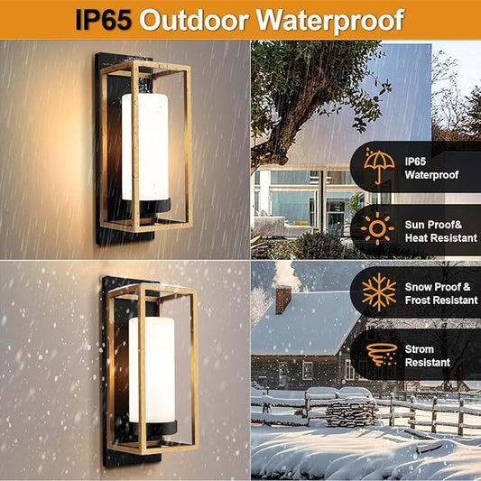 ALVIME Modern Outdoor Wall Light Fixture, 15 Inch Gold Exterior Lighting Fixtures, Waterproof Outdoor Wall Sconce, Porch Outside Lights for House Garage, Front Door, Patio, E26 Base&Etched Opal Glass