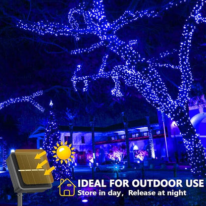 YEGUO 4 Pack Blue Solar Fairy Lights, Each 33ft 100 LED Christmas Lights Outdoor Waterproof, 8 Modes Sliver Wire Solar String Lights