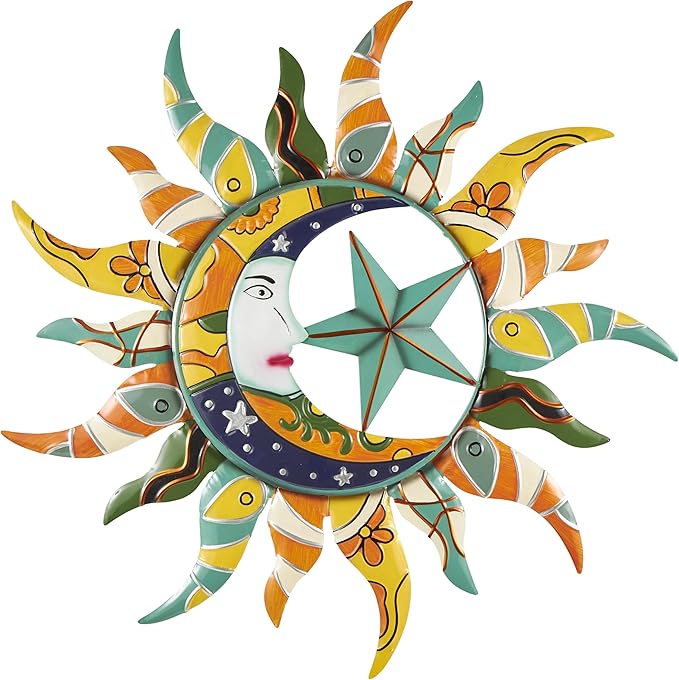Deco 79 Metal Sun and Moon Indoor Outdoor Abstract Patterned Wall Decor with Teal and Orange Accents, 36" x 2" x 36", Multi Colored