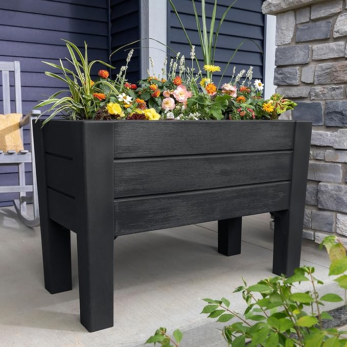 Step2 Lakewood Raised Planter Box™, Large Planter for Outdoor Plants, Gardening and Flower Pot for Patio or Porch, Easy Drainage, Durable Plastic, Black