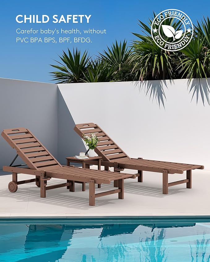 SERWALL Patio Chaise Lounge Set of 2, Outdoor Lounge Chair with 5 Positions Adjustable Backrest, HDPE Lounger with Rolling Wheels & Cup Holder for Poolside, Beach, Garden, Brown