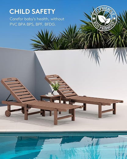 SERWALL Patio Chaise Lounge Set of 2, Outdoor Lounge Chair with 5 Positions Adjustable Backrest, HDPE Lounger with Rolling Wheels & Cup Holder for Poolside, Beach, Garden, Brown