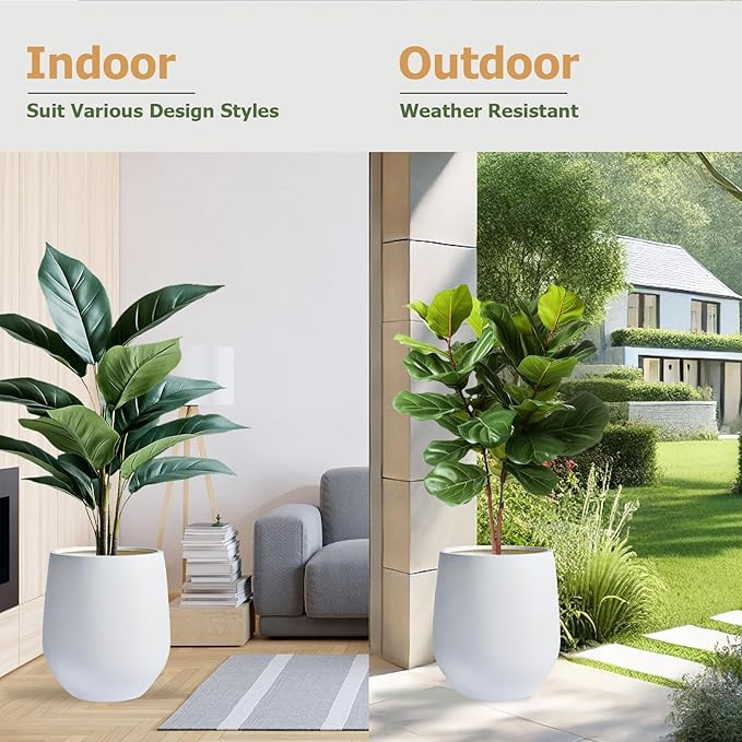 16.5" H x 15" D Corso Fiberstone Round Tapered Planter - Christmas Tree Planter, Smooth Finishes, Weather Resistant for Indoor & Outdoor Use, 2 Extra Coco Mats (White, 11.5" Pot Opening)