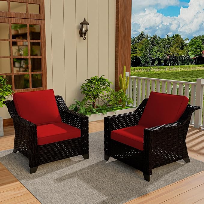 VistaVibe 2 Pieces Outdoor Armchairs, Patio Conversation Furniture Set, Washable Cushions, Luxurious Hand-Woven PE Rattan, Garden, Bistro, Deck, Backyard (Brown/Red)