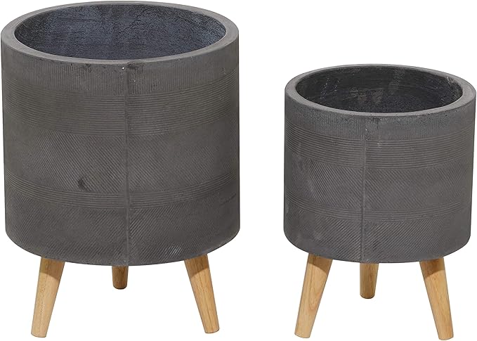 Deco 79 Magnesium Oxide Indoor Outdoor Planter Large Planter Pot with Wood Legs, Set of 2 Planters 13", 16"H, Gray