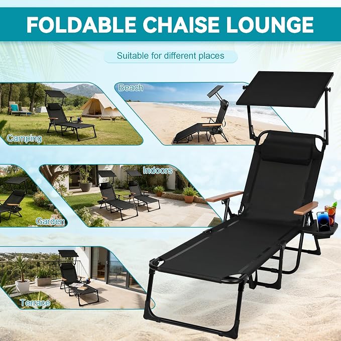 Beach Lounge Chair, Folding Outdoor Chaise Lounge Chair with Arms, 4-Position Backrest, Extended Sun Tanning Chair Pillow & Cup Holder, Patio Lounger for Outside for Beach Pool Patio Yard (Black-U)