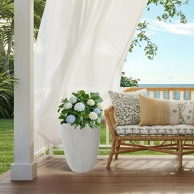 19" Tall Beige Fluted Planters for Indoor & Outdoor, Set of 2 Large Mediterranean-Style Resin Flower Pots with Drainage Holes, UV & Weather Resistant for Patio Porch Home Office Decor