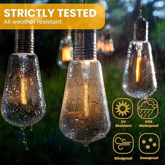 Regalosonline Solar String Lights for Outside - 15+2 Spare LED Bulbs Patio Lights with Remote Control, USB Port & Waterproof Outdoor (Warm White)