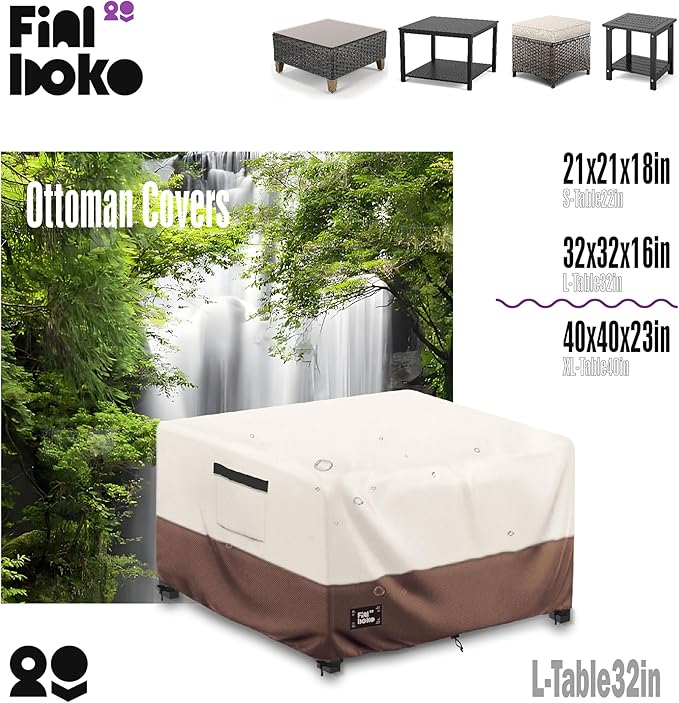 Patio Ottoman Cover,32"L x 32"W x 16"H Square Patio Dining Table Cover for Outdoor Furniture,100% Waterproof 600D Heavy Duty Outdoor Table Cover,Beige&Brow