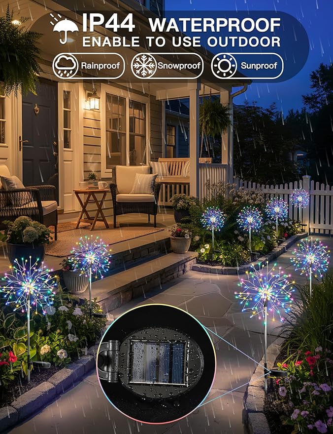 suddus Solar Garden Lights Outdoor Waterproof Decorative, 4Pack 150LED Multicolor Firework Lights 8 Modes, Solar Fairy Lights for Yard, Patio, Pathway, Balcony Planter Flowerbed Party Outside Decor