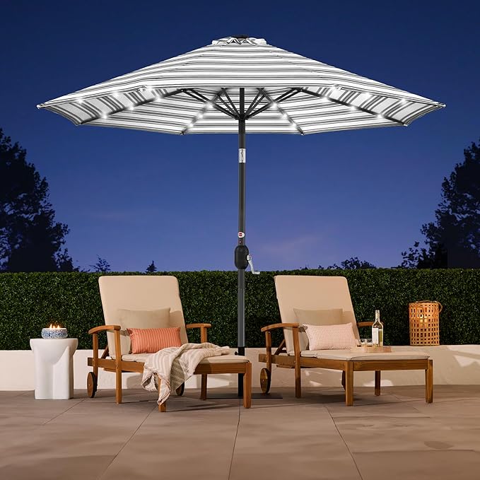 Best Choice Products 10ft Solar Polyester LED Lighted Patio Umbrella w/Tilt Adjustment and UV-Resistant Fabric - Striped Black
