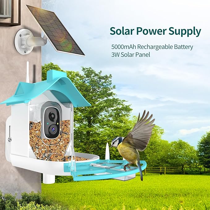 Bird Feeder with Camera, Smart Bird Feeder Camera with AI Identify Instant Notifications, FHD Live View,Birds Watching Camera with Solar Panel in Backyard, Ideal Gift for Family and Birds Lover,Blue