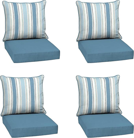 Arden Outdoor Deep Seat Cushion Set (4-Pack), 24 in x 24 in, Weather-Proof, Rain-Proof, Fade Resistant Patio Cushion for Chair, Sofa, and Couch French Blue Linen Stripe