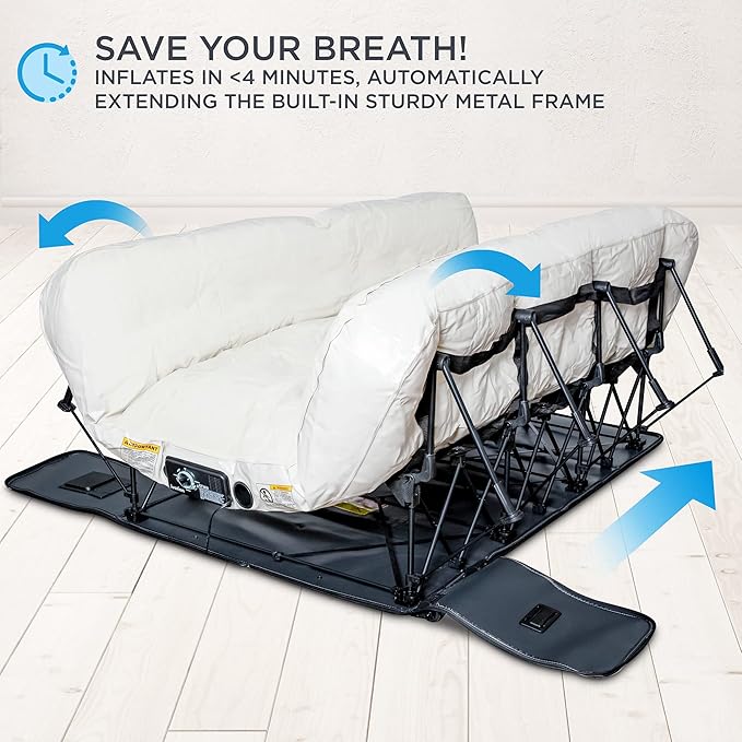 Ivation EZ®-Bed (King) Inflatable Air Mattress with Frame & Rolling Case, Built-in Deflate Defender™ Dual Pump Technology - 3 Min Self Inflate/Deflae Raised Blow up Bed on Legs, Premium Coil Design