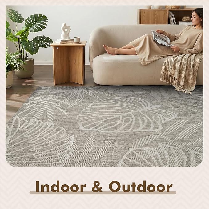 MontVoo-Outdoor Rug-Patio Rug 5x7 ft Polypropylene Indoor Outdoor Rugs Outdoor Carpet for Patio Deck Balcony Porch, Textured Weave, Durable for High Traffic, Fade-Resistant, Tropical Silver Grey